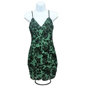 Privy Mini Dress Womens Small Green Black Velvet Flocked Floral Mesh PD7311B